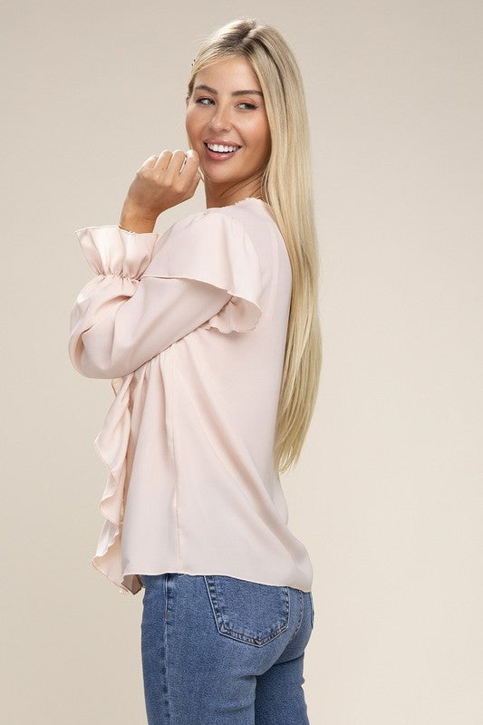 Celeste V neck lace trim long sleeve blouse