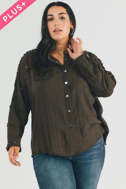 Margot Distressed hem button down oversize shirt Plus