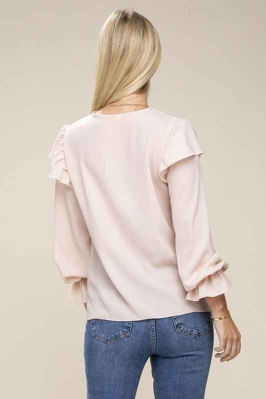 Celeste V neck lace trim long sleeve blouse