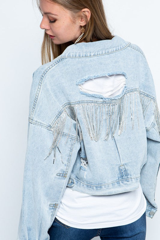 Josie Rhinestone Fringe Distressed Denim Jacket