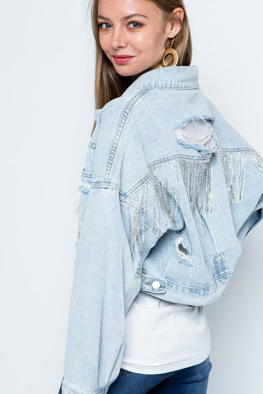 Josie Rhinestone Fringe Distressed Denim Jacket