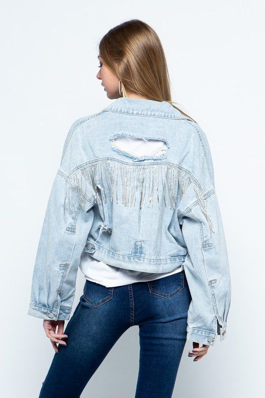 Josie Rhinestone Fringe Distressed Denim Jacket