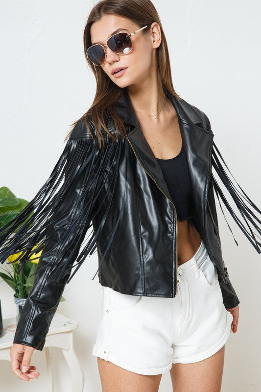 Abilene Faux Leather Moto Fringe Jacket