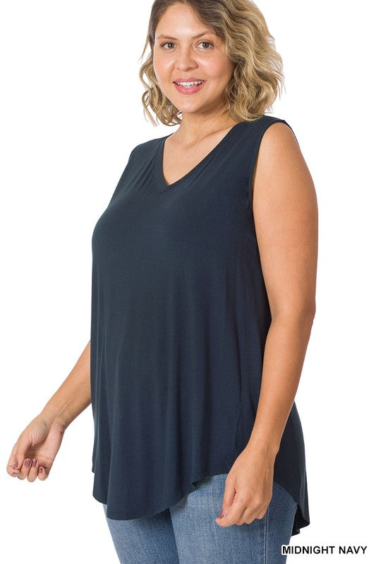 PLUS LUXE RAYON SLEEVELESS V-NECK HI-LOW HEM TOP