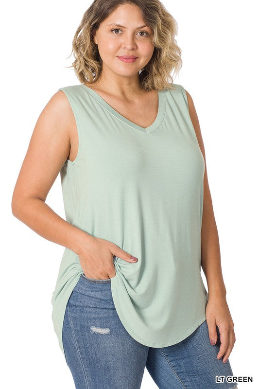 PLUS LUXE RAYON SLEEVELESS V-NECK HI-LOW HEM TOP