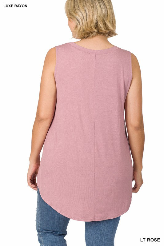 PLUS LUXE RAYON SLEEVELESS V-NECK HI-LOW HEM TOP