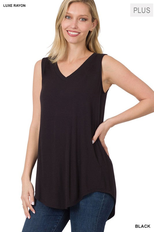 PLUS LUXE RAYON SLEEVELESS V-NECK HI-LOW HEM TOP