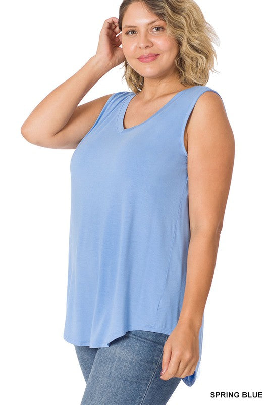 PLUS LUXE RAYON SLEEVELESS V-NECK HI-LOW HEM TOP