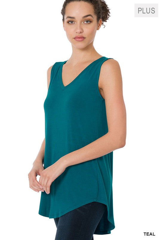 PLUS LUXE RAYON SLEEVELESS V-NECK HI-LOW HEM TOP