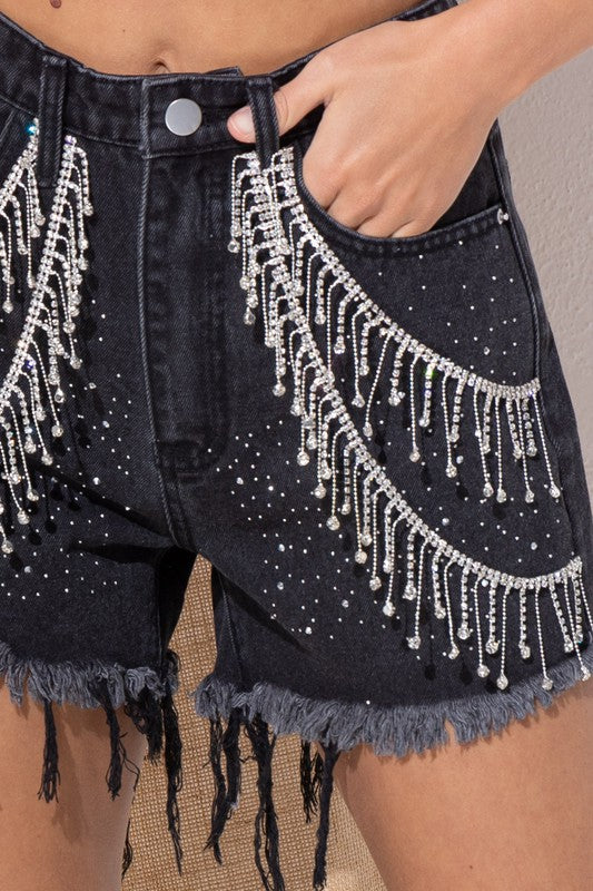 Sienna Gem Rhinestone Fringe Denim Shorts