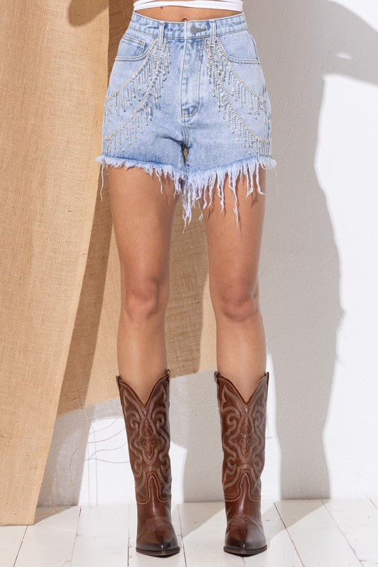 Sienna Gem Rhinestone Fringe Denim Shorts