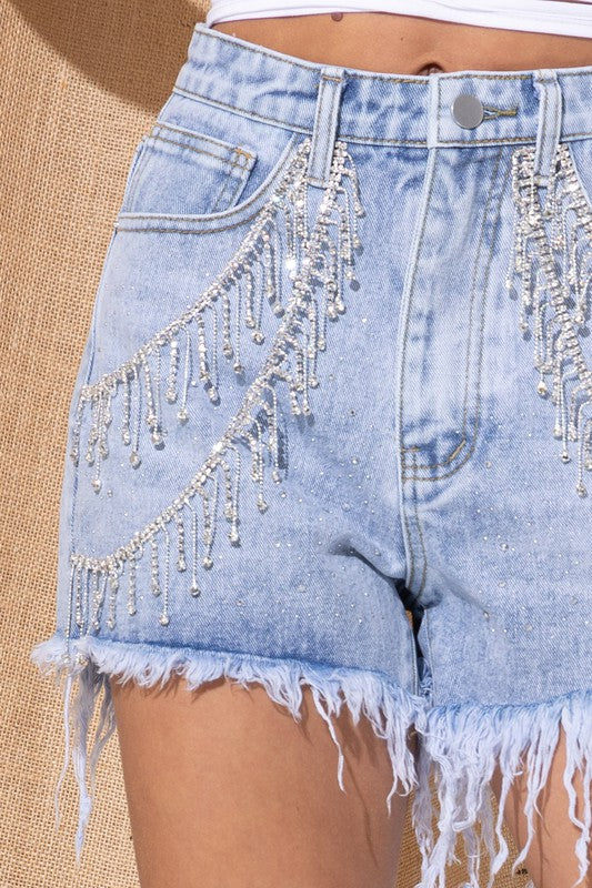 Sienna Gem Rhinestone Fringe Denim Shorts