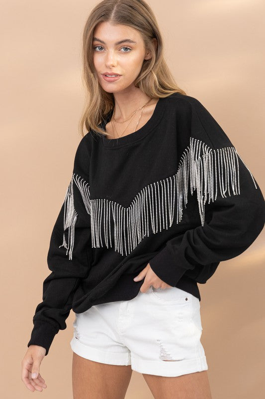 Arya Rhinestone Fringe Pullover Top