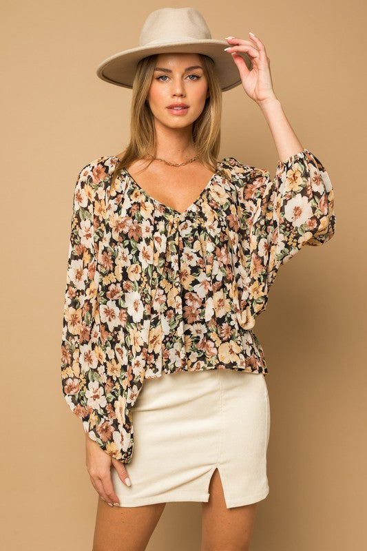 L/S V-Neck Shirring Floral Print Top