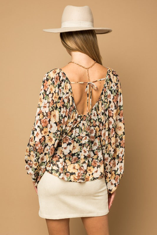 L/S V-Neck Shirring Floral Print Top