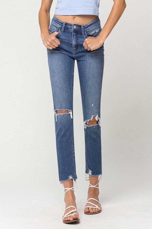 High Rise Distressed Hem Ankle Slim Straight Jeans