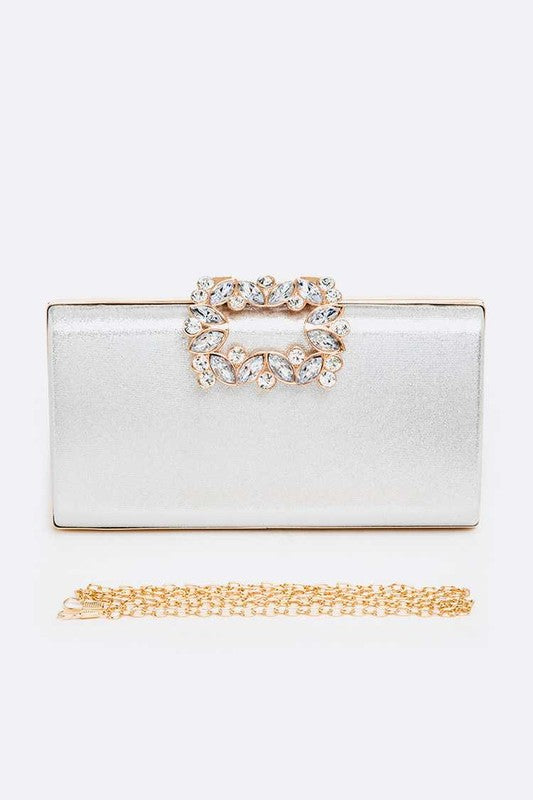 Crystal Buckle Metallic Box Clutch