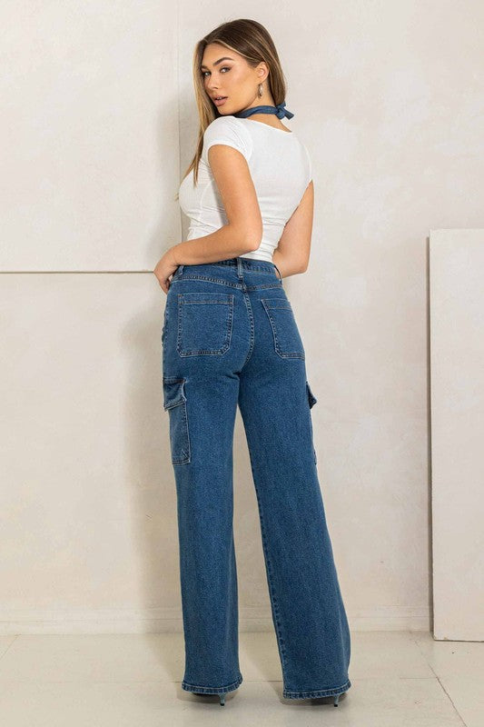 High Rise Mae Crossed Waist Cargo Wide Leg Jeans