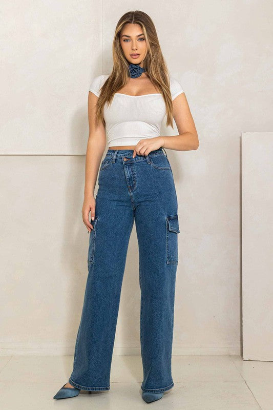 High Rise Mae Crossed Waist Cargo Wide Leg Jeans