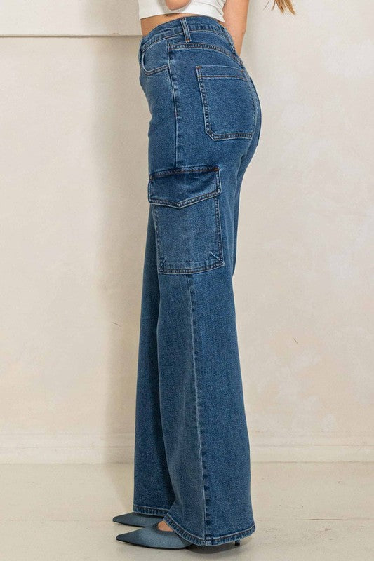 High Rise Mae Crossed Waist Cargo Wide Leg Jeans