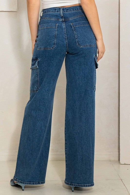 High Rise Mae Crossed Waist Cargo Wide Leg Jeans