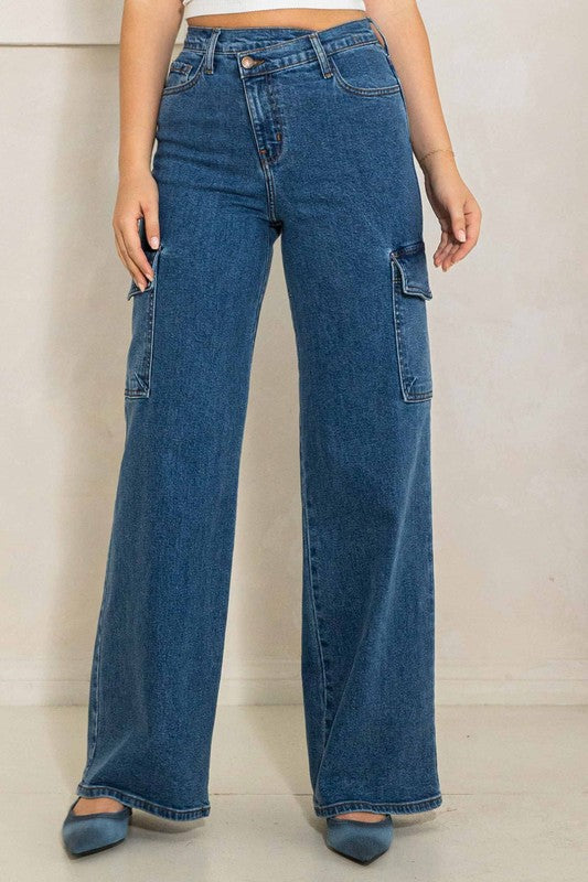 High Rise Mae Crossed Waist Cargo Wide Leg Jeans