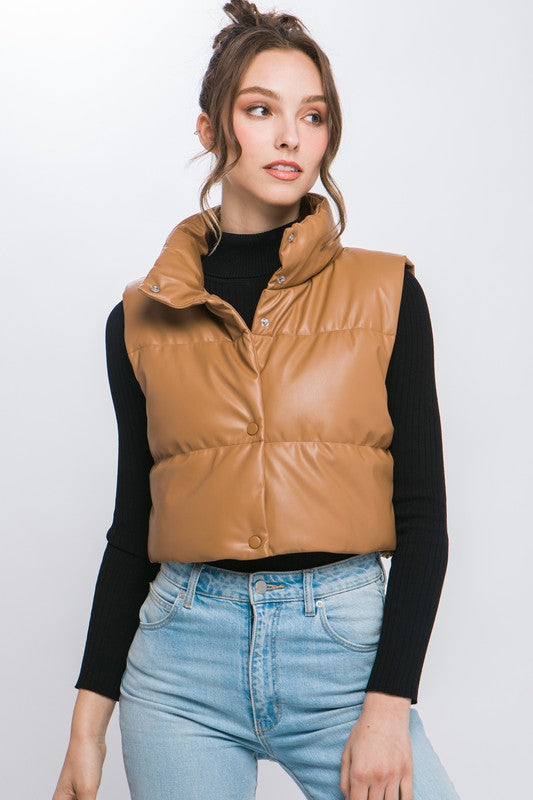 Astrid PU Faux Leather puffer West With Snap Button