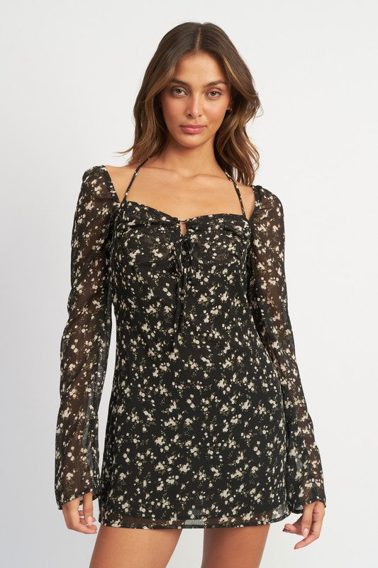 Marley FLORAL LONG SLEEVE DRESS WITH HALTER DETAIL