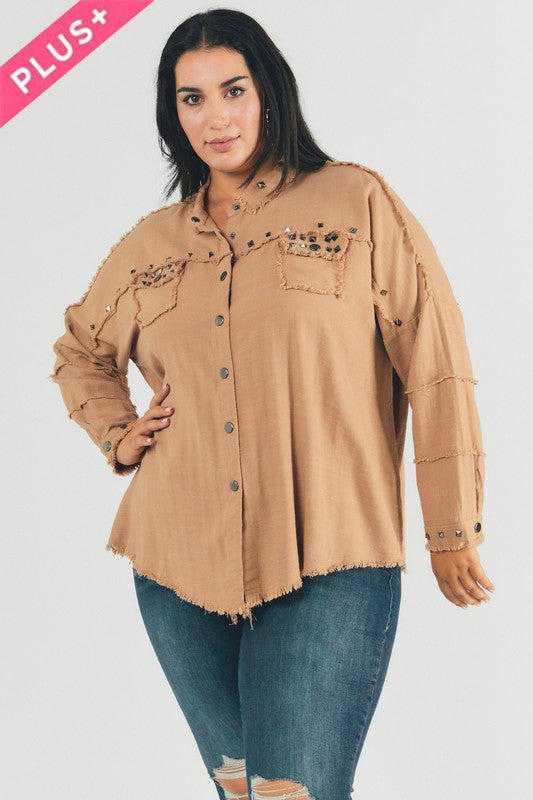 Margot Distressed hem button down oversize shirt Plus