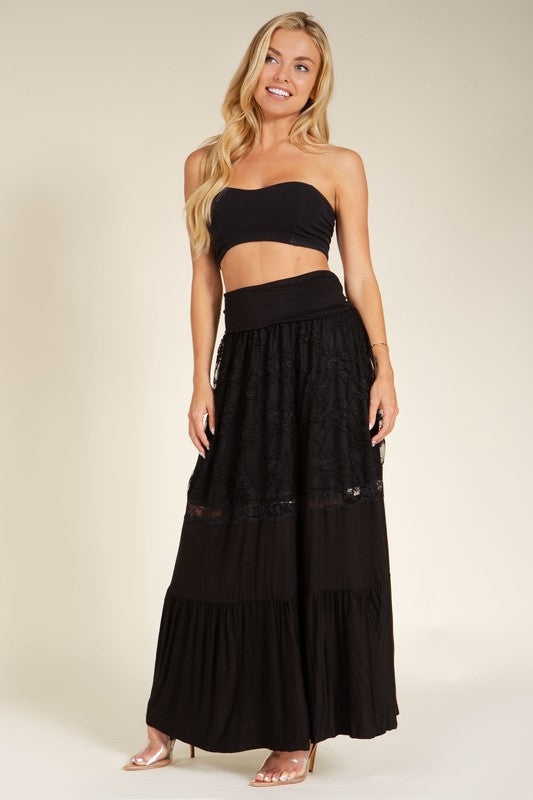 Lace Combo Tier Ruffle Maxi Skirt