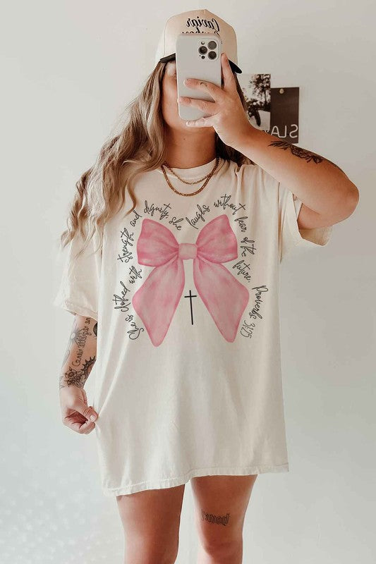 PROVERBS PINK BOW CHRISTIAN OVERSIZED GRAPHIC TEE