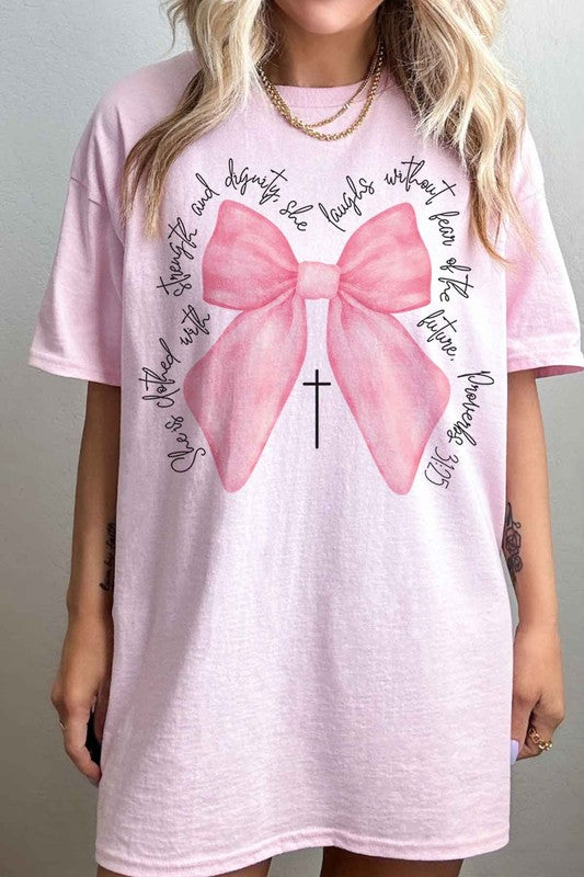 PROVERBS PINK BOW CHRISTIAN OVERSIZED GRAPHIC TEE