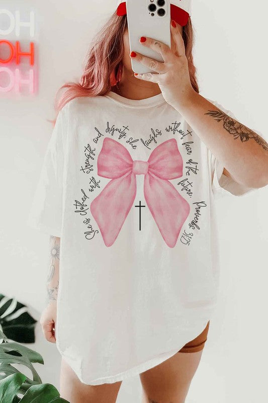 PROVERBS PINK BOW CHRISTIAN OVERSIZED GRAPHIC TEE