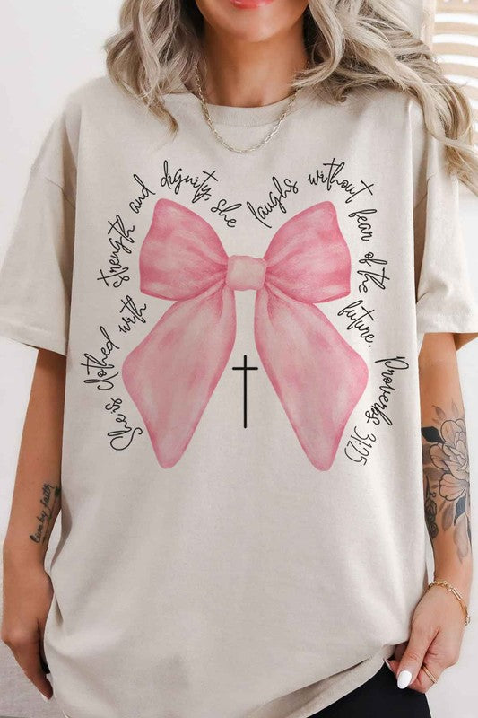 PROVERBS PINK BOW CHRISTIAN OVERSIZED GRAPHIC TEE