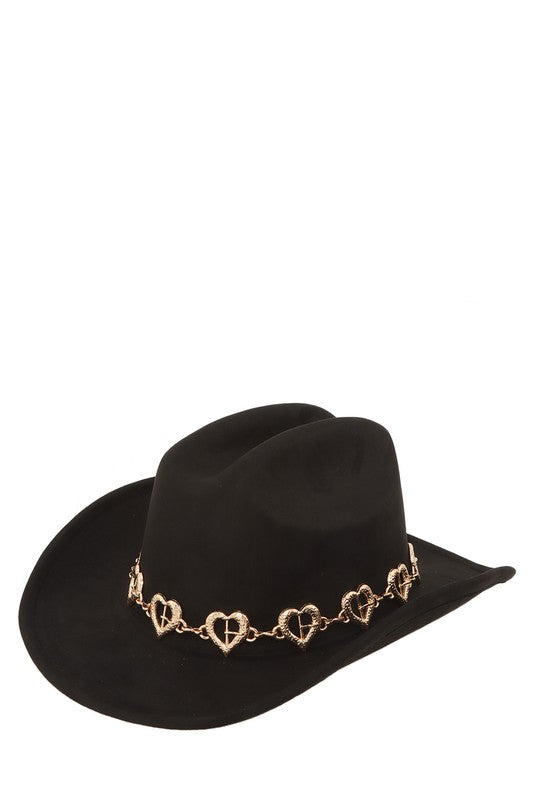 Fedora Hat with Metal Heart Chain Accent