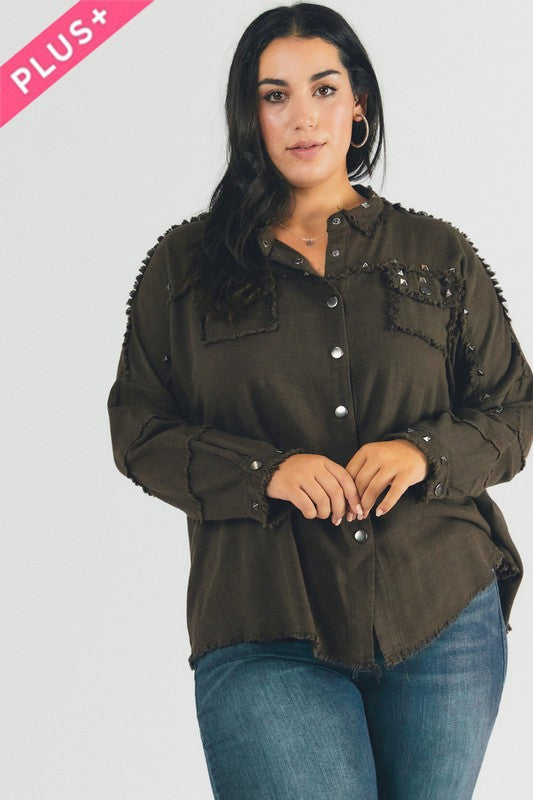 Margot Distressed hem button down oversize shirt Plus