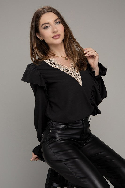 Celeste V neck lace trim long sleeve blouse