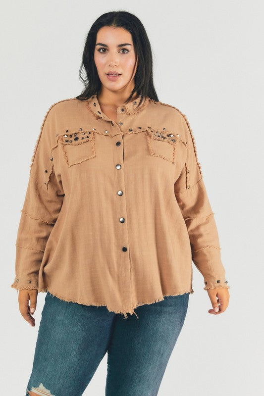 Margot Distressed hem button down oversize shirt Plus