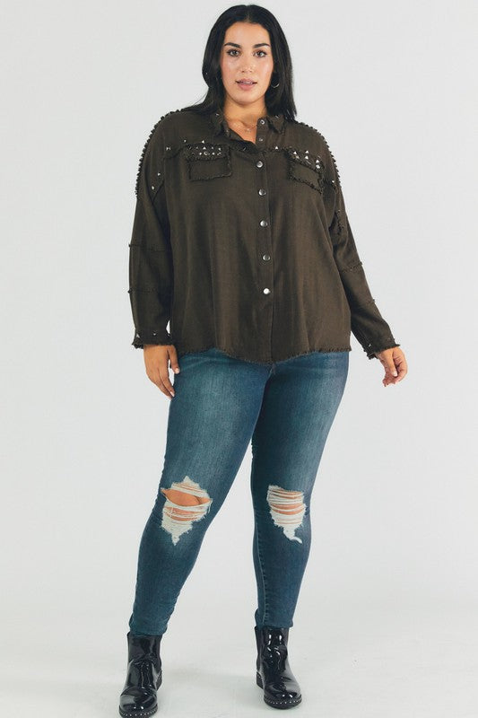 Margot Distressed hem button down oversize shirt Plus