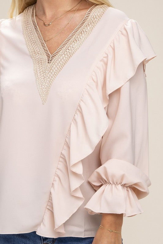 Celeste V neck lace trim long sleeve blouse