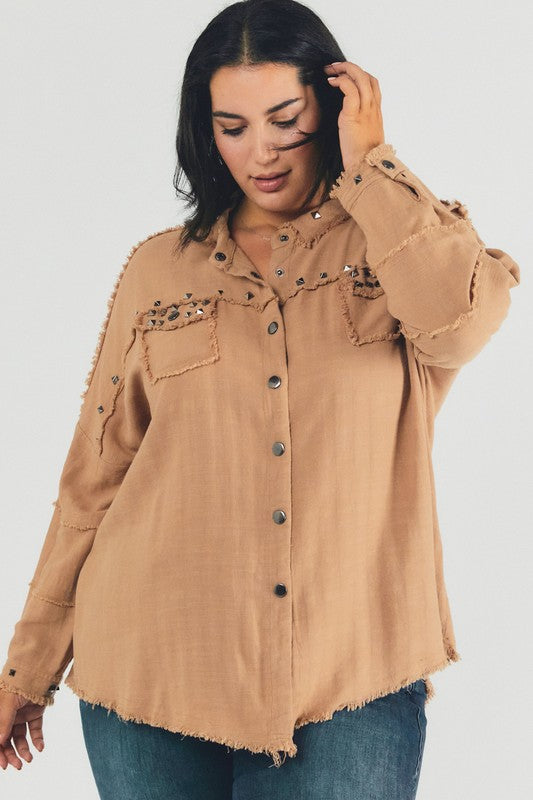 Margot Distressed hem button down oversize shirt Plus