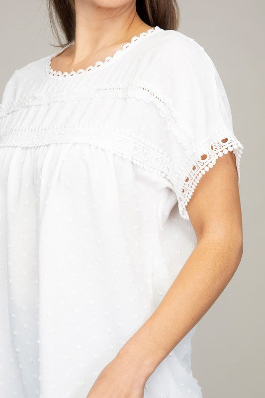 White Swiss Dot with lace trim blouses