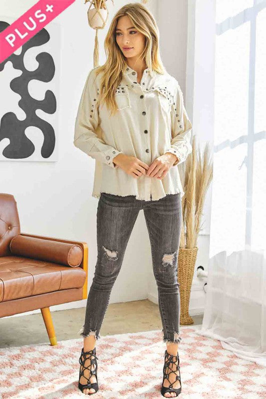 Margot Distressed hem button down oversize shirt Plus