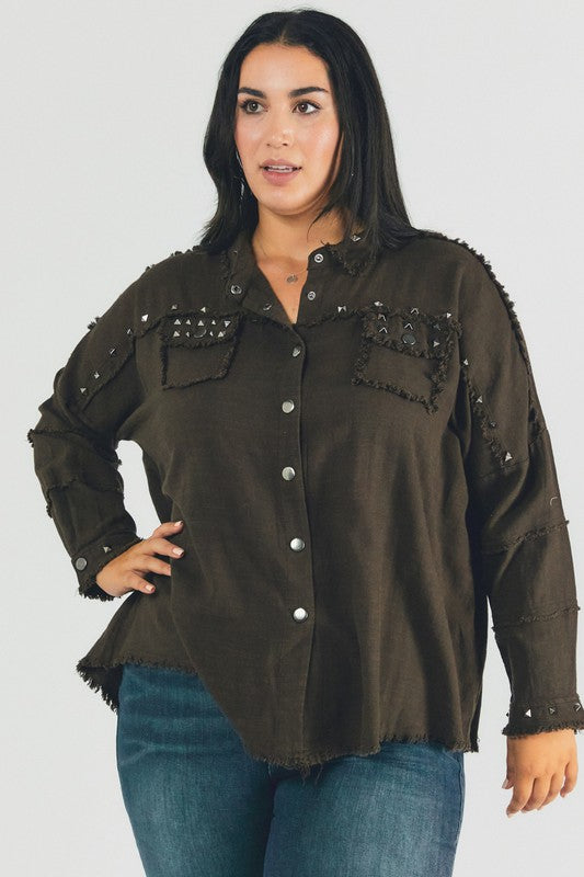 Margot Distressed hem button down oversize shirt Plus