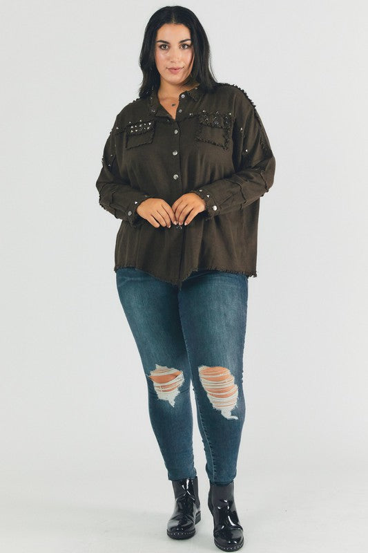 Margot Distressed hem button down oversize shirt Plus