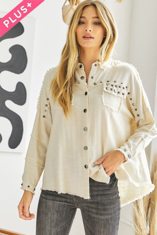 Margot Distressed hem button down oversize shirt Plus