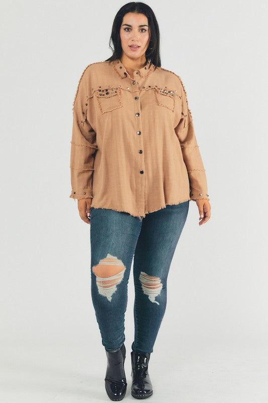 Margot Distressed hem button down oversize shirt Plus