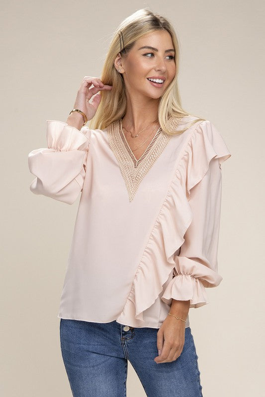 Celeste V neck lace trim long sleeve blouse