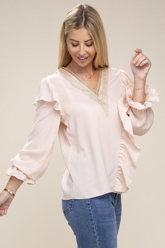 Celeste V neck lace trim long sleeve blouse