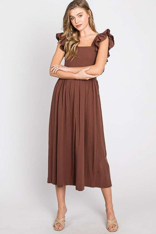 LINEN RUFFLE MID DRESS